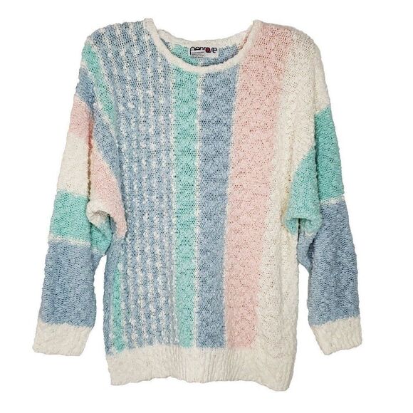 Vintage Striped Popcorn Sweater L Pastel Blue Pink Green Dolman Sleeve Grannie - Picture 2 of 6